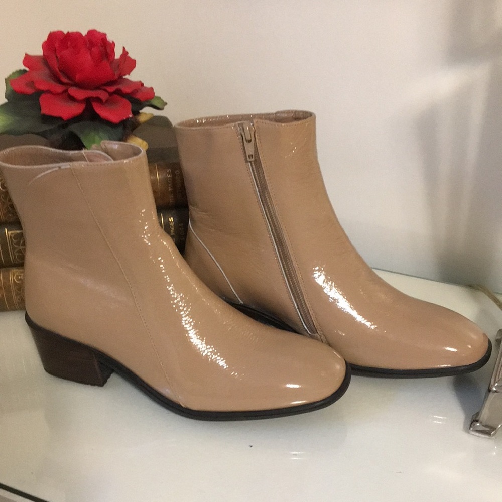 Camel Crinkle Patent Boots Size 40 NWOT